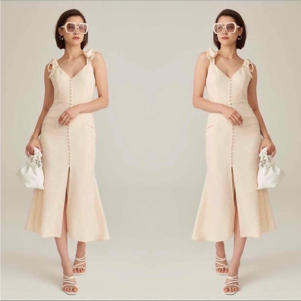 PREMIUM FITTED TIE SHOULDER JACQUARD DRESS